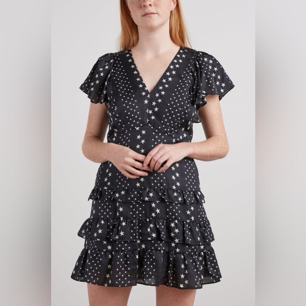 Love Shack Fancy Higgins Dress in Black Satin Midnight Stars NEW